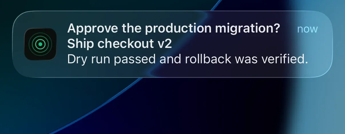 iPhone lock screen with a pingmigo.app notification asking to approve the production migration for the Ship checkout v2 thread