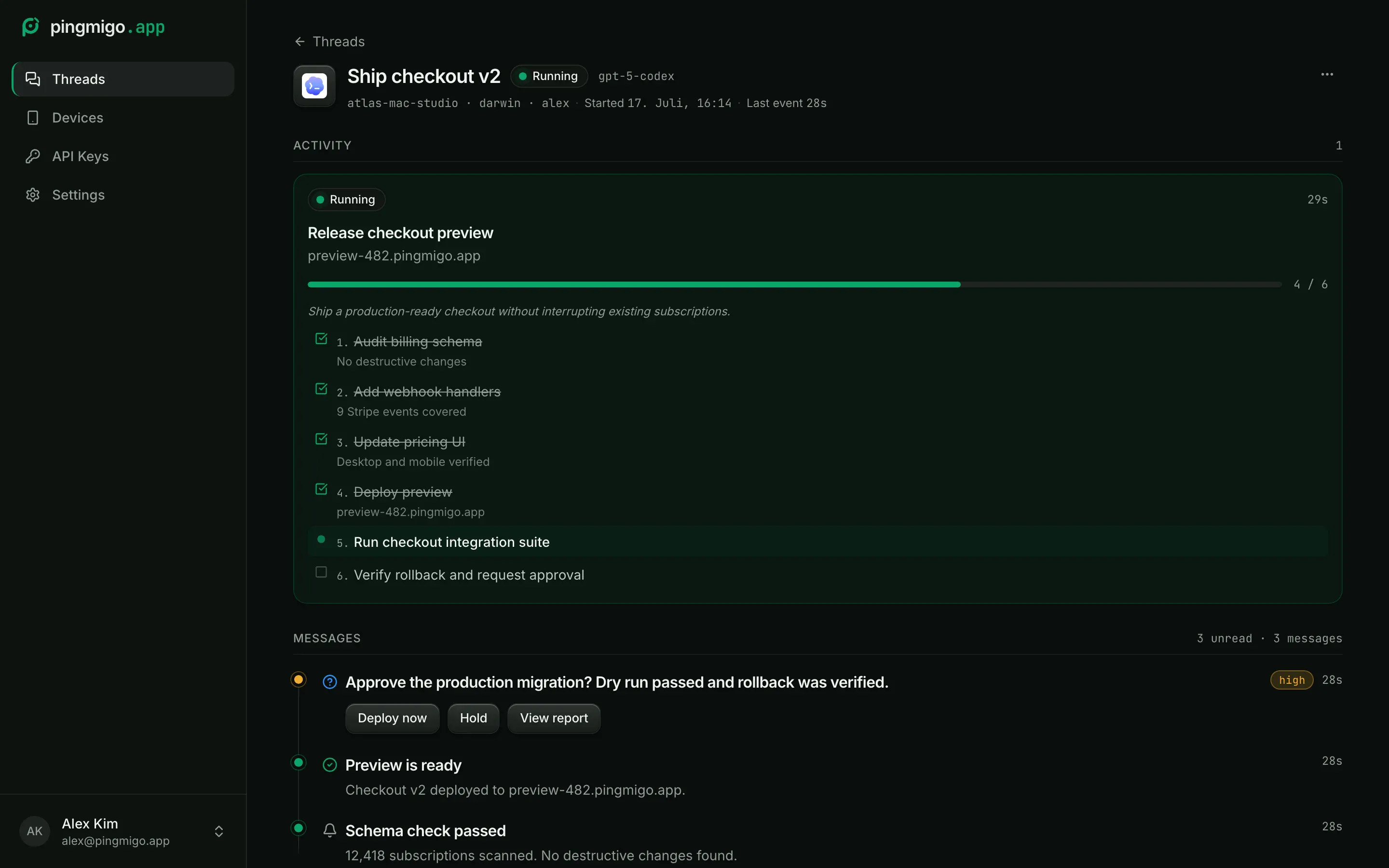 Sample Codex thread showing live status, progress, a six-item checklist, and recent messages