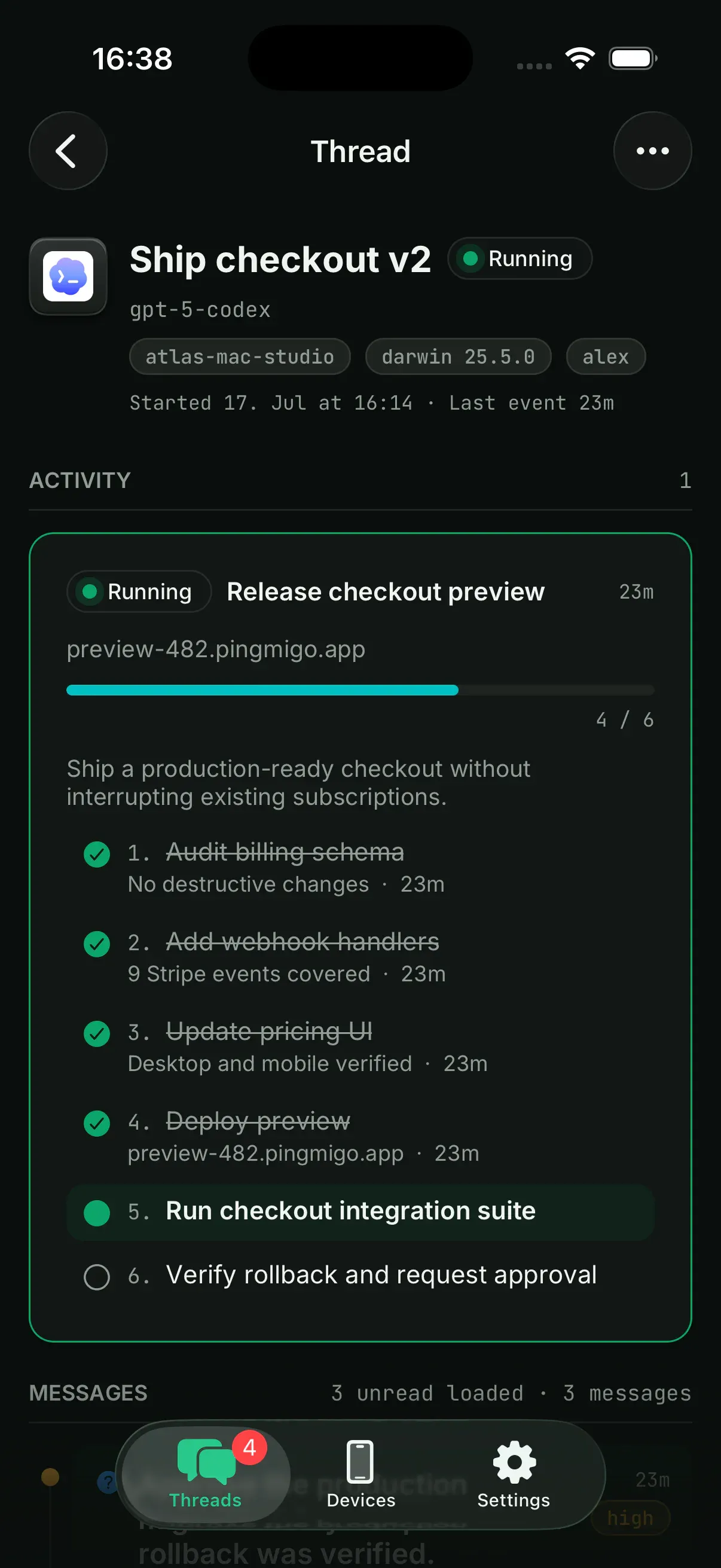 Sample mobile thread showing live Codex progress and a six-item checklist