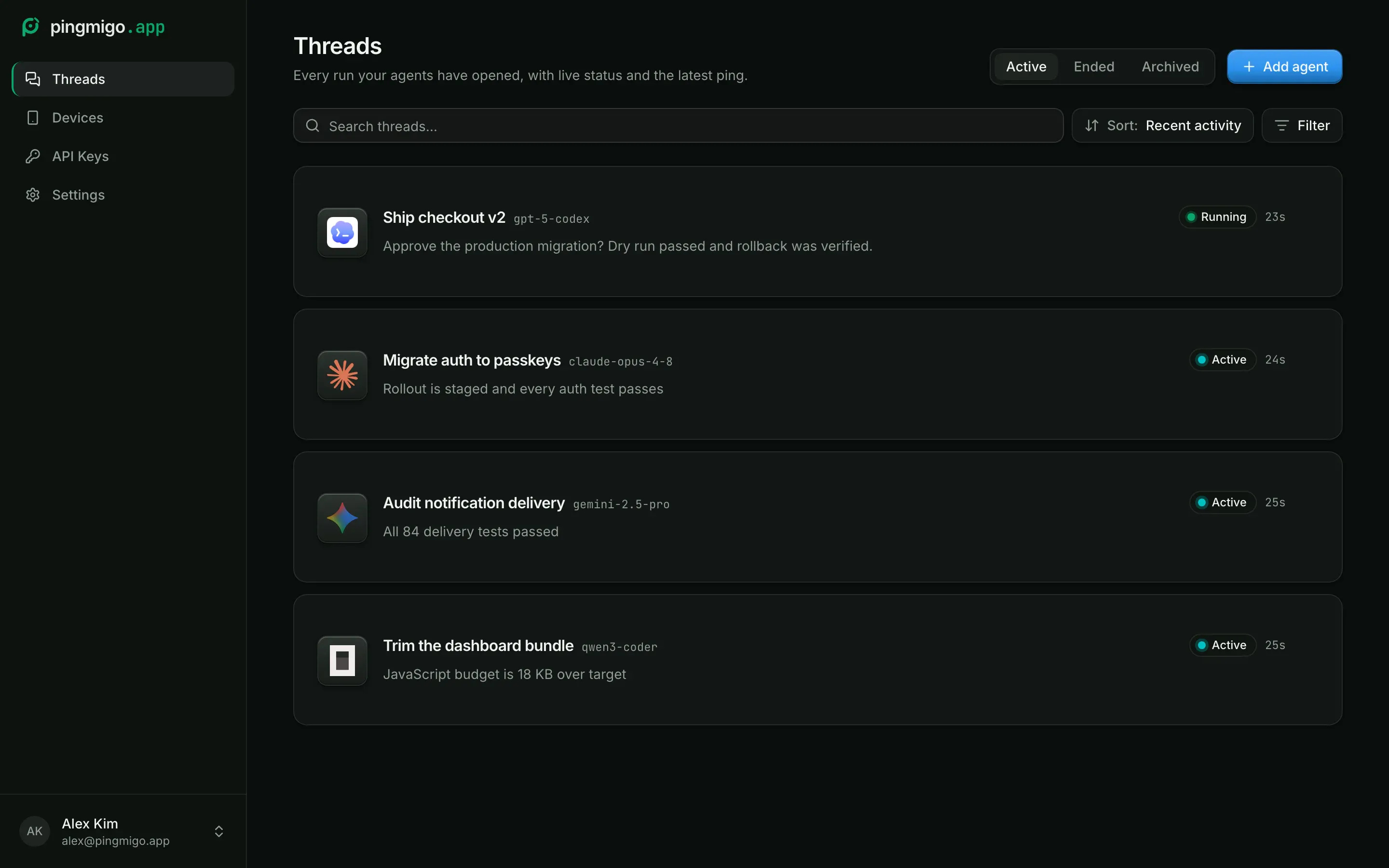 Sample pingmigo.app workspace with Codex, Claude Code, Gemini CLI, and OpenCode threads